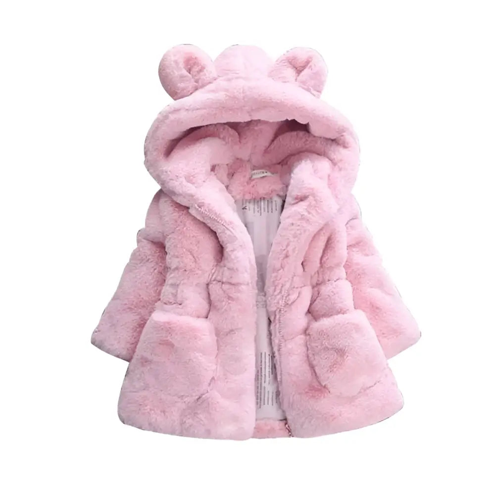 Pink girls fuzzy bear ear hooded fur coat featuring a pink fluffy bear ear hood for warmth and style