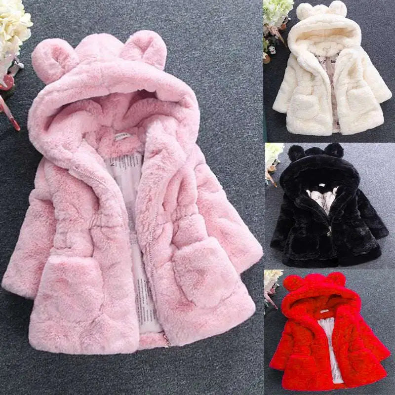 Pink girls fuzzy bear ear hooded fur coat with plush texture and front pockets for warmth and comfort