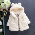 Cream-colored plush children’s coat with bear ear hood and front pockets from pink girls fuzzy ear hooded fur collection