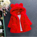 Pink girls fuzzy bright red plush ear hooded fur coat with bear ear hood for children