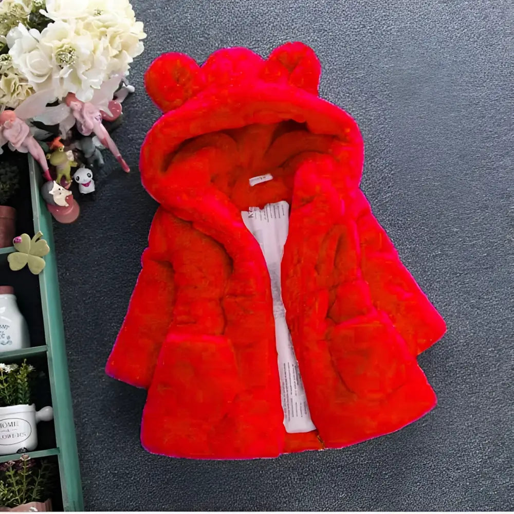 Pink girls fuzzy bright red plush ear hooded fur coat with bear ear hood for children