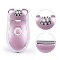 Pink girls hair removal device electric epilator razor with pink and white sleek ergonomic design and multiple precision heads