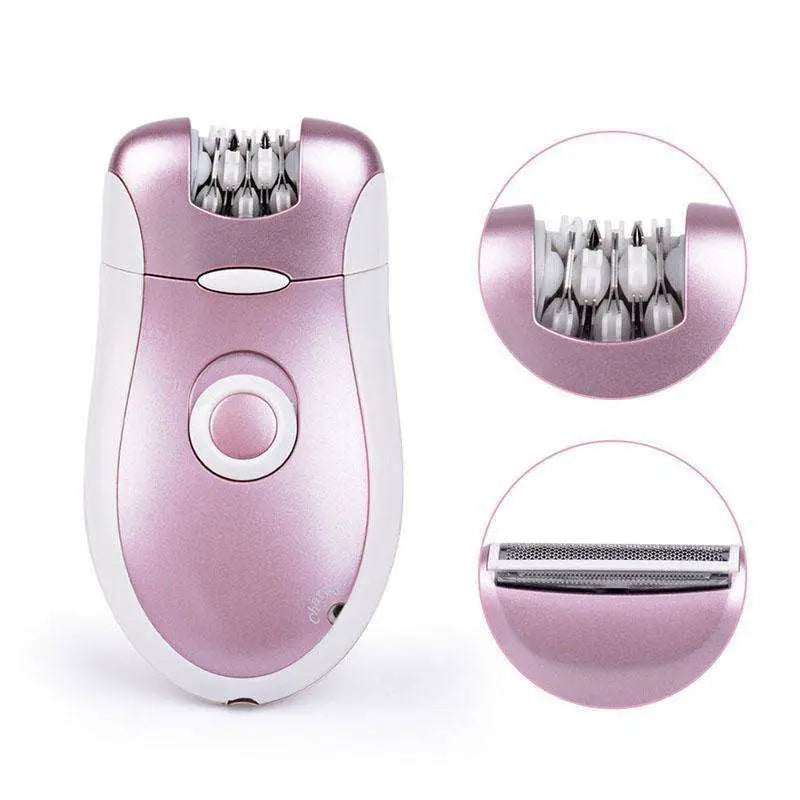 Pink girls hair removal device electric epilator razor with pink and white sleek ergonomic design and multiple precision heads