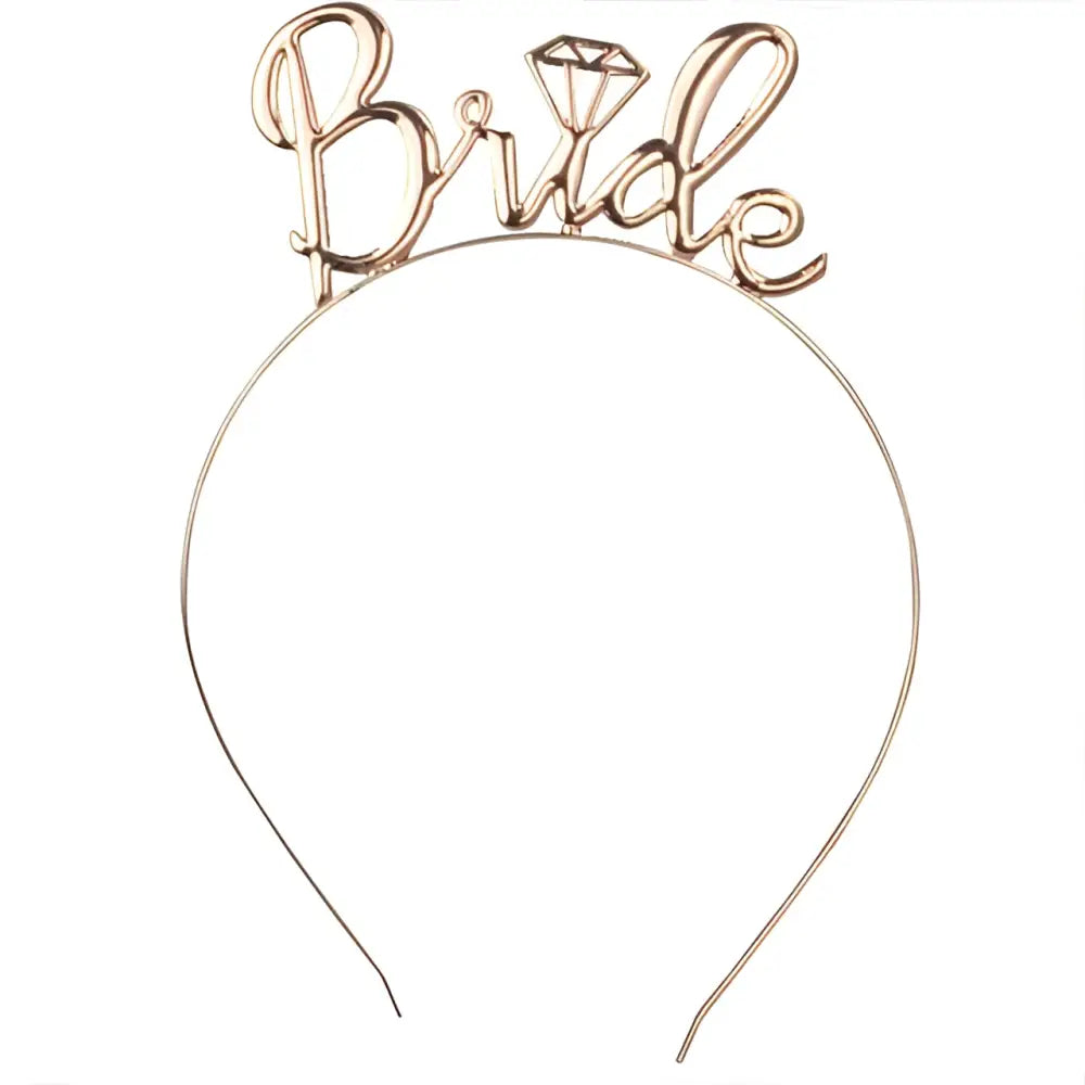 Rose gold metallic bride headband with diamond-shaped embellishment and popular tulle for gold foil bride look
