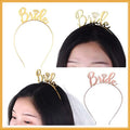 Gold and rose gold metallic bride headbands with diamond-shaped embellishments paired with popular tulle veil