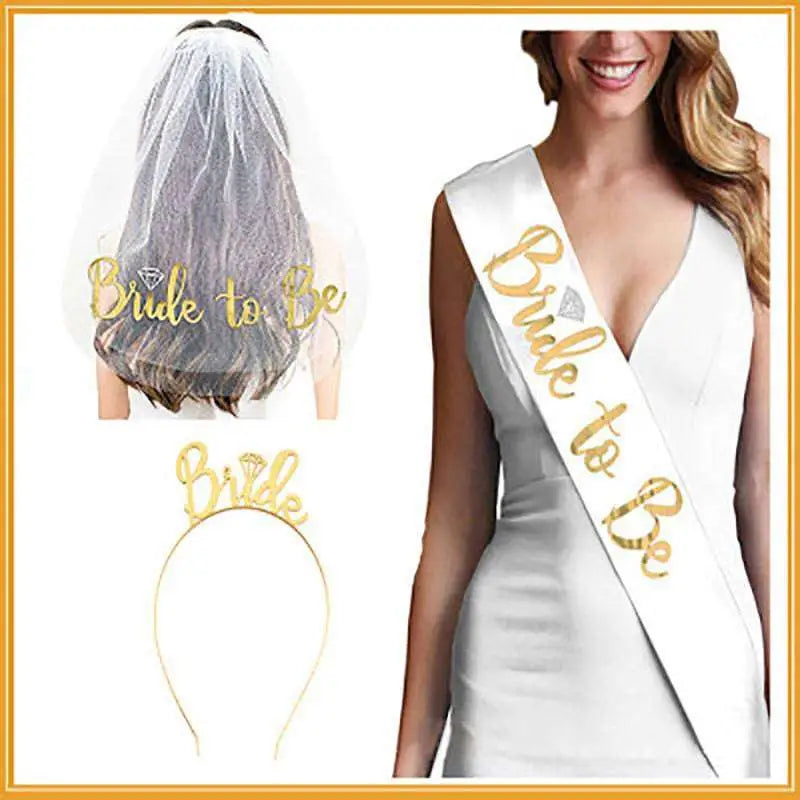 White satin sash with gold foil bride lettering and diamond-shaped embellishment for popular tulle bridal veil
