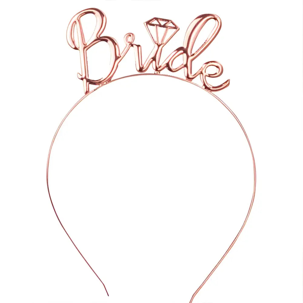 Rose gold metallic bride headband with diamond-shaped embellishment and popular tulle gold foil bride veil accessory