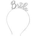 Silver bride headband with diamond-shaped embellishment paired with popular tulle pink gold foil bride veil