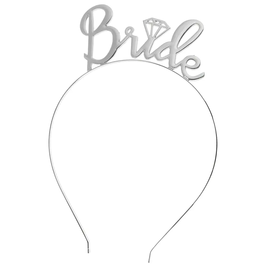 Silver bride headband with diamond-shaped embellishment paired with popular tulle pink gold foil bride veil