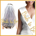 White bridal sash featuring gold foil bride lettering and diamond-shaped embellishments on popular tulle fabric