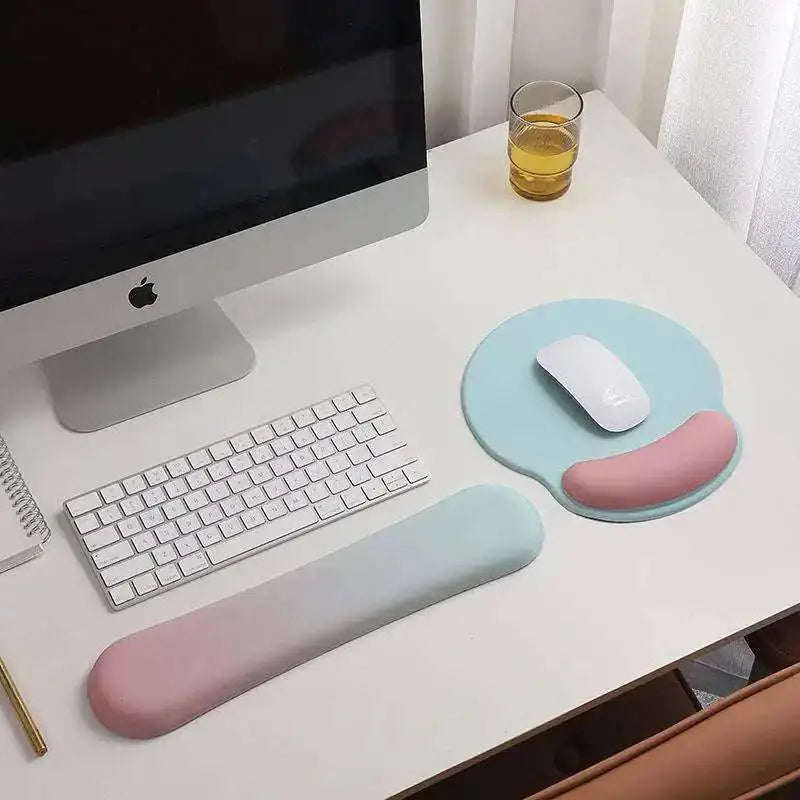 Pastel pink and light blue pink gradient memory foam soft mouse pad with ergonomic gel wrist rest for wrist health and comfort