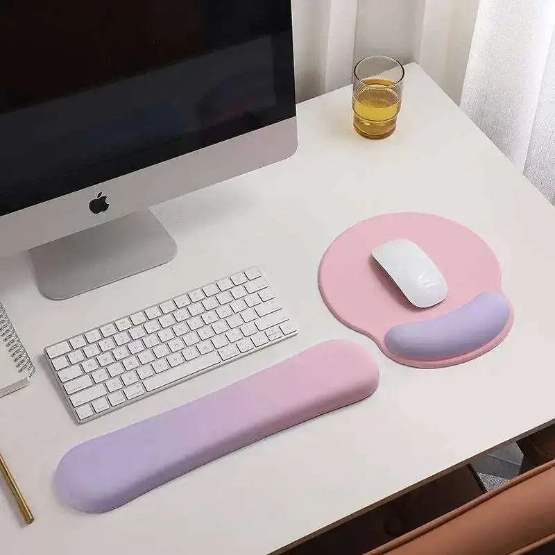 Pastel pink and lavender memory foam soft mouse pad with contoured silicone gel wrist rest for wrist health