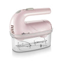 Pink handheld electric whisk with clear plastic base housing beaters ideal for luxury women’s fashion and plus size dresses