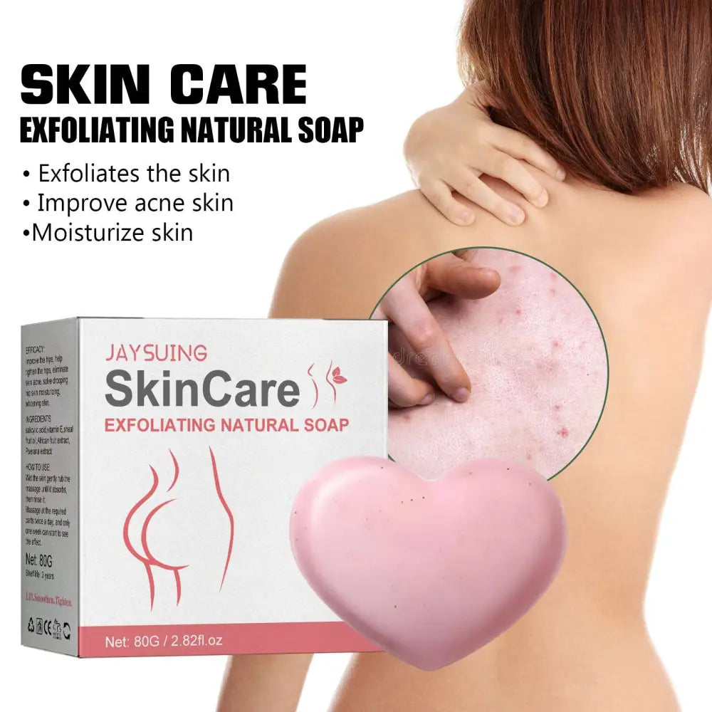 Pink heart-shaped exfoliating natural soap removes acne and gently cleanses as an exfoliating bath soap