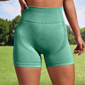 Mint green high-waisted women sport seamless short leggings with textured fabric and mesh panel detailing
