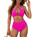 Bright pink high waisted bikini set with tummy control featuring a criss cross halter top and ruched bottoms