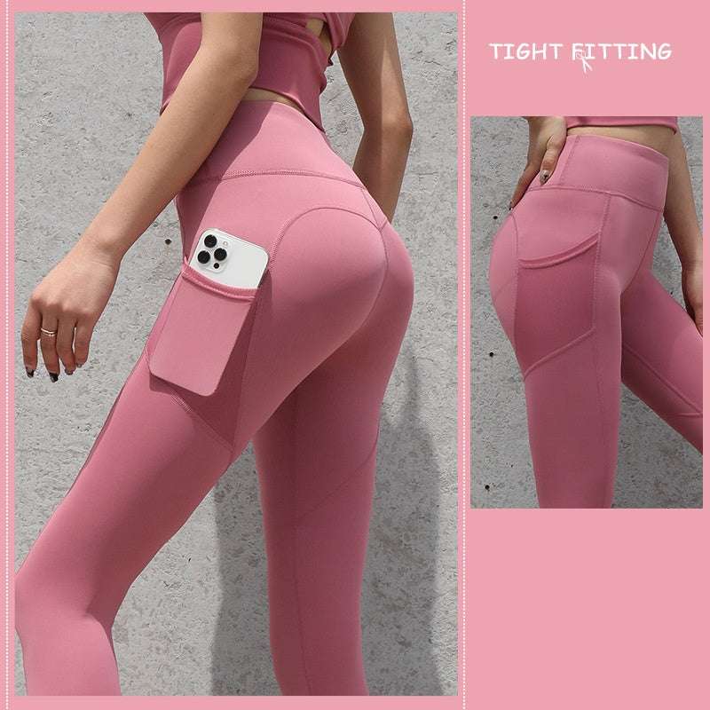 pink high waist seamless leggings with a side pocket holding a smartphone featured in the best tie dye and seamless leggings for women 2026 article