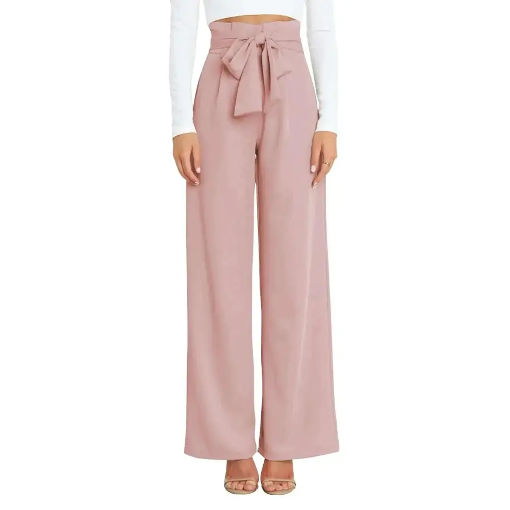 Pink high waisted wide leg business pants featuring a high waisted wide leg design with a matching fabric tie at the waist