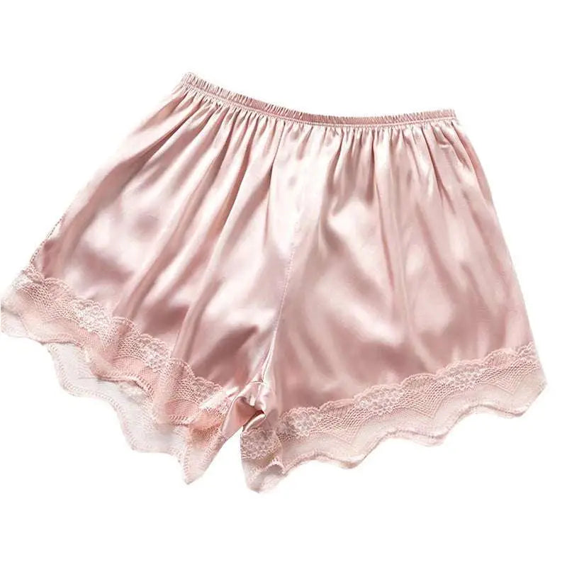 Pink satin ice silk seamless lace trim shorts featuring delicate lace detailing for elegant comfort and style