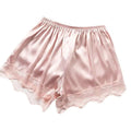 Pink satin ice silk seamless lace trim shorts with delicate lace hem for comfortable elegant loungewear