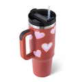 Pink kiss insulated tumbler red travel mug with pink heart decals and black steel handle straw lid