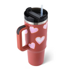 Pink kiss insulated tumbler red travel mug with pink heart decals and black steel handle straw lid
