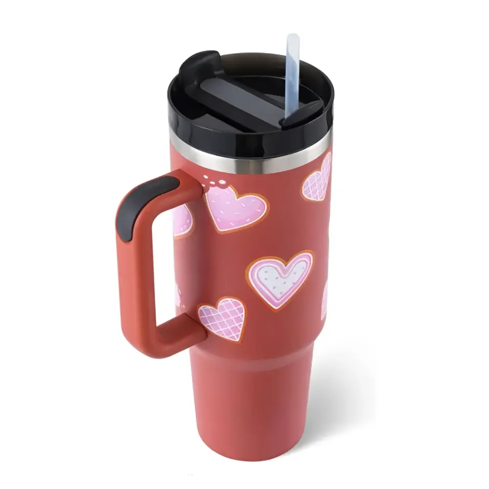 Pink kiss insulated tumbler red travel mug with pink heart decals and black steel handle straw lid