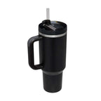 Black insulated tumbler with steel handle straw and silver rim accent from pink kiss stainless steel collection