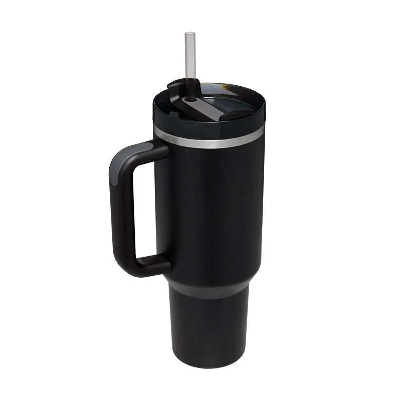 Black insulated tumbler with steel handle straw and silver rim accent from pink kiss stainless steel collection