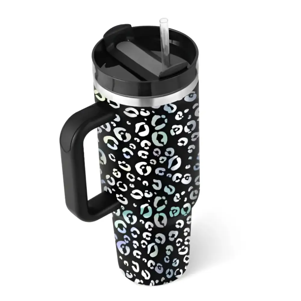 Black pink kiss insulated tumbler with steel handle straw featuring leopard print in white and iridescent teal