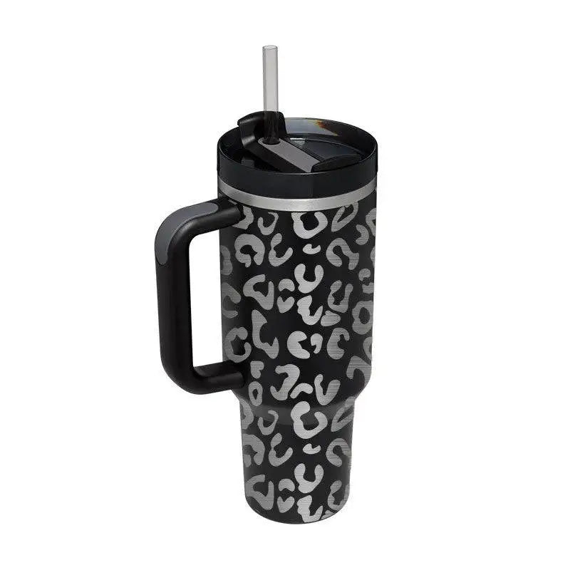 Black insulated tumbler with silver leopard print featuring a steel handle straw and black lid from Pink Kiss collection