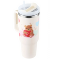 Cream-colored insulated tumbler pink kiss with cartoon bear pastel hearts white lid steel handle straw