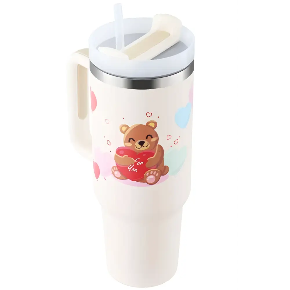 Cream-colored insulated tumbler pink kiss with cartoon bear pastel hearts white lid steel handle straw
