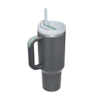 Gray insulated tumbler with light green accents and white lid featuring a pink kiss steel handle straw integrated design