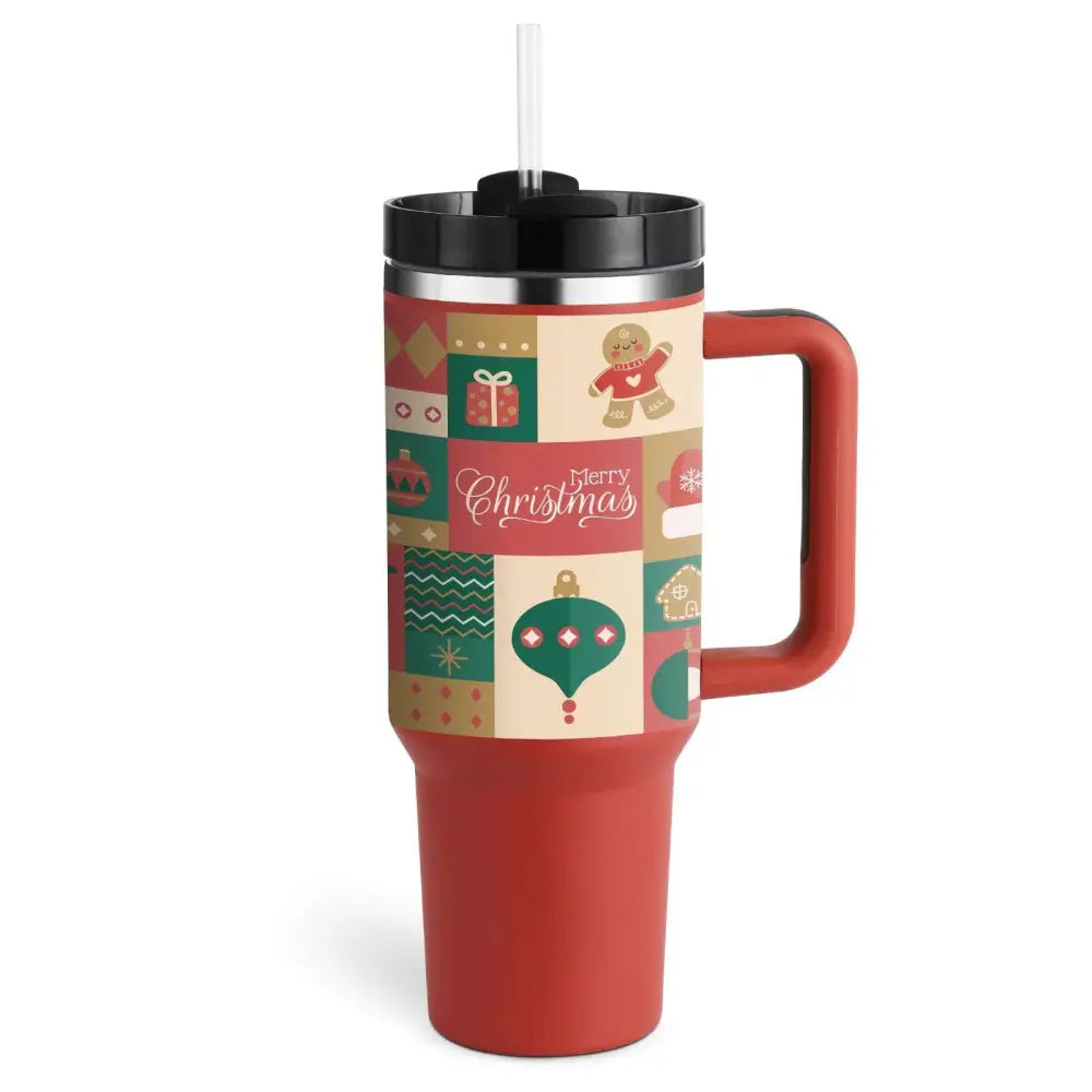 Red insulated tumbler with festive Christmas design featuring gingerbread men and steel handle straw by Pink Kiss