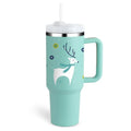 A mint green insulated tumbler with a white lid silver rim and steel handle straw featuring a cartoon reindeer design