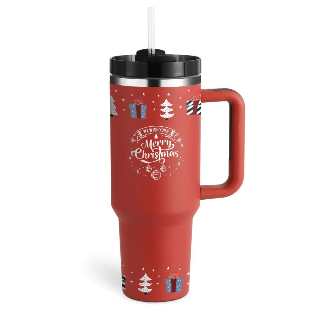 Red insulated tumbler with steel handle straw and festive christmas design from pink kiss stainless steel insulated tumbler