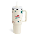 Cream-colored pink kiss insulated tumbler with steel handle straw and festive merry christmas holiday design