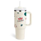 Cream-colored pink kiss insulated tumbler with steel handle straw and festive merry christmas holiday design