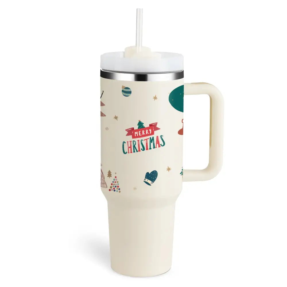 Cream-colored pink kiss insulated tumbler with steel handle straw and festive merry christmas holiday design