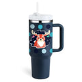 Navy blue insulated tumbler with steel handle straw and cartoon reindeer design by pink kiss stainless steel handle straw