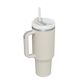 Beige insulated tumbler with silver rim, steel handle straw, and white lid from pink kiss stainless steel handle straw bottle