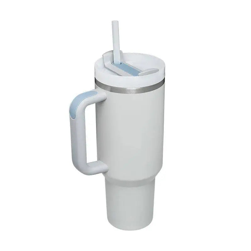 White insulated tumbler with silver steel handle straw lid from pink kiss stainless steel insulated tumbler collection