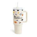 Cream-colored insulated tumbler with halloween design pumpkins bats and happy halloween text with white lid and steel handle straw