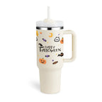 Cream-colored insulated tumbler with halloween design pumpkins bats and happy halloween text with white lid and steel handle straw