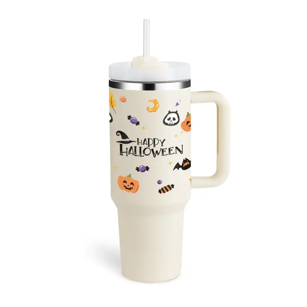 Cream-colored insulated tumbler with halloween design pumpkins bats and happy halloween text with white lid and steel handle straw
