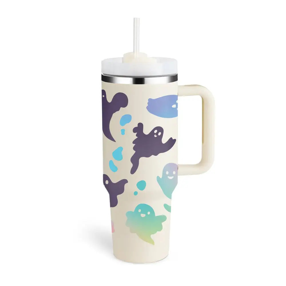 Cream-colored insulated tumbler with steel handle straw and playful purple and blue ghost illustrations pink kiss design