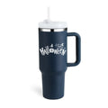 Navy blue insulated tumbler with white steel handle straw and happy halloween design by pink kiss