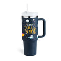 Dark blue pink kiss insulated tumbler with white lid, steel handle straw, and halloween gold script design