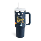 Dark blue pink kiss insulated tumbler with white lid, steel handle straw, and halloween gold script design